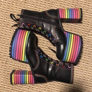 DOLLS KILL RAINBOW STRIPE PLATFORM LACE-UP BOOTS